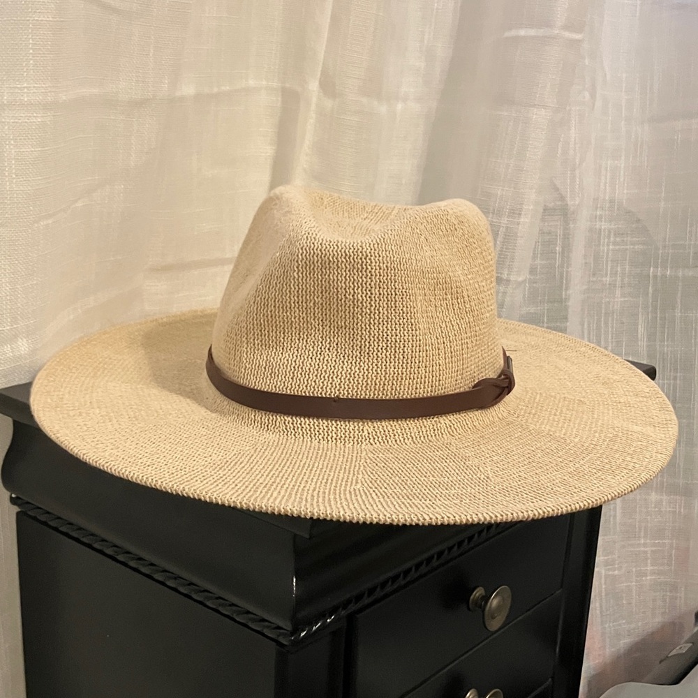 Carve Designs Beige Wide Brim Fedora Hat with Brown Band